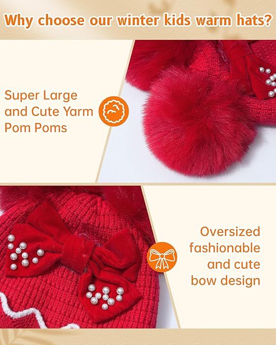 Winter Hat for Kids Toddler Children, Girls Beanie with Double Pom Pom Warm Fleece Lined, Girls Accessories Knit Beanies Cap