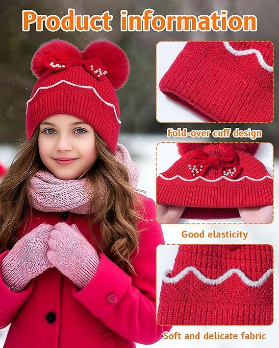 Winter Hat for Kids Toddler Children, Girls Beanie with Double Pom Pom Warm Fleece Lined, Girls Accessories Knit Beanies Cap