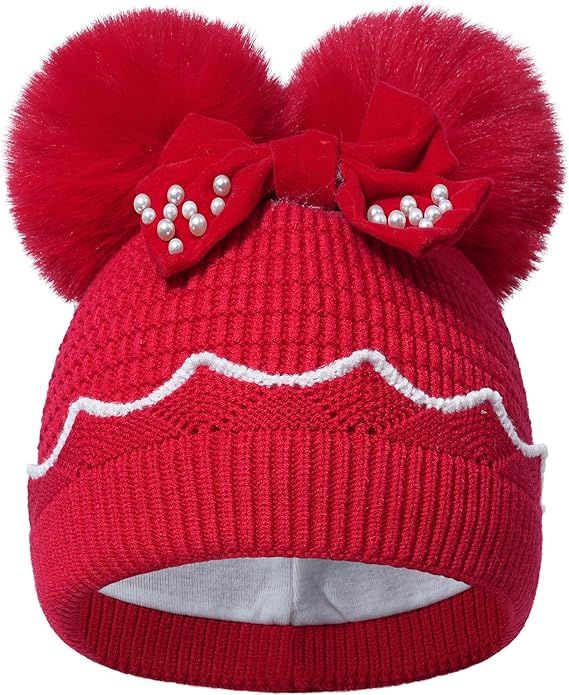 Winter Hat for Kids Toddler Children, Girls Beanie with Double Pom Pom Warm Fleece Lined, Girls Accessories Knit Beanies Cap