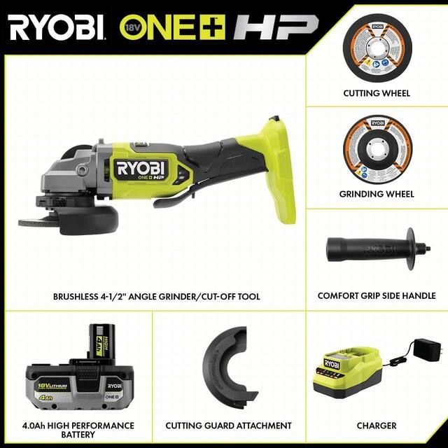 Kit Esmeriladora Angular Ryobi ONE+ 18V HP + 2 Baterías y Cargador