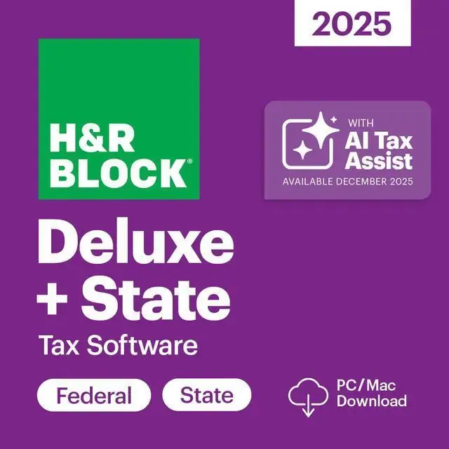 H&R Block 2025 Tax Software Deluxe + State (PC/Mac Download) + Norton 360 Standard 2026 Bundle
