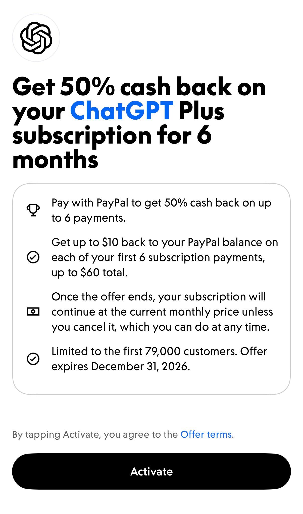 Select Accts: PayPal 50% Cash Back on ChatGPT Plus for 6 Months (Up to $60)