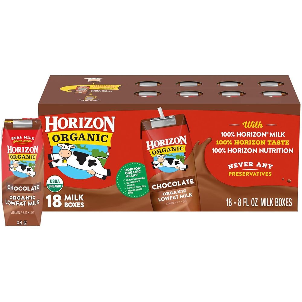Horizon Organic Shelf Stable 1% Lowfat Chocolate Milk Boxes, 8 fl oz, 18 Count - 8g Protein per Serving, USDA Organic UHT from Pasture-Raised Cows, Ready to Drink