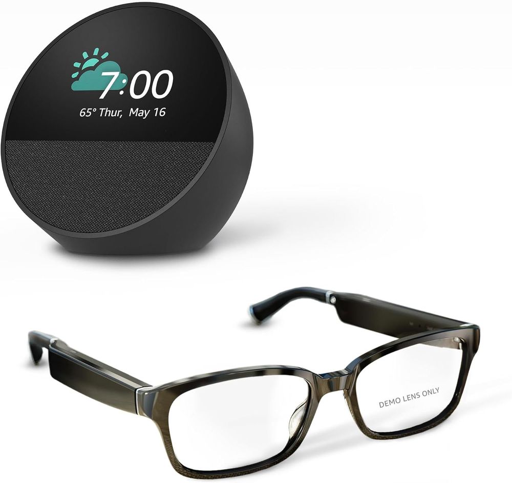 Amazon Echo Frames (newest model) + Echo Spot (newest model), Smart Glasses with Alexa, Rectangle frames in Classic Black with prescription ready lenses