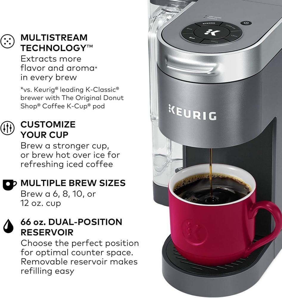 Keurig K-Supreme Single Serve K-Cup Pod Coffee Maker, MultiStream Technology, 4 Brew Sizes, 66oz Dual-Position Removable Reservoir, Gray