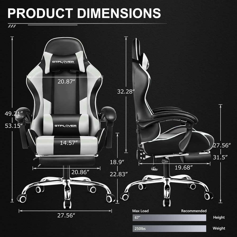 GTPLAYER Gaming Chair, Computer Chair with Footrest and Lumbar Support, Height Adjustable Game Chair with 360°-Swivel Seat and Headrest