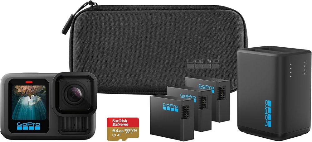 GoPro HERO13 Black Extended Power Bundle - Includes Dual Battery Charger, 3 Enduro Batteries, 64GB SanDisk microSD Card, Camera Case