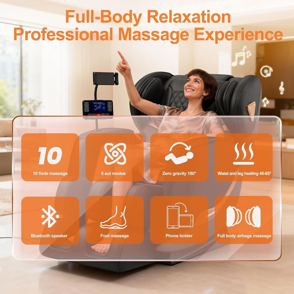 Upgraded Massage Chair Full Body, Zero Gravity Recliner with Heat, 10 Fix Points, Bluetooth, Touch Screen, Footrest, Shiatsu Massage Chair Full Body 
