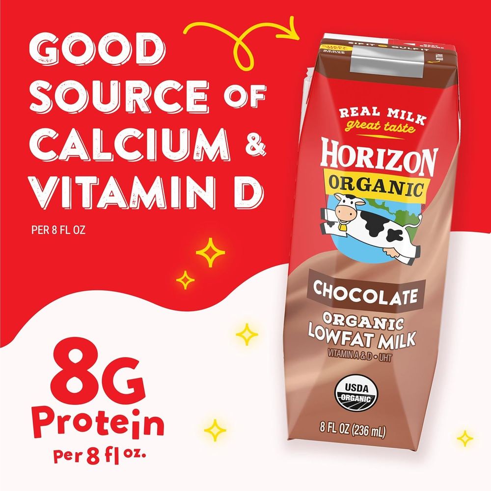Horizon Organic Shelf Stable 1% Lowfat Chocolate Milk Boxes, 8 fl oz, 18 Count - 8g Protein per Serving, USDA Organic UHT from Pasture-Raised Cows, Ready to Drink