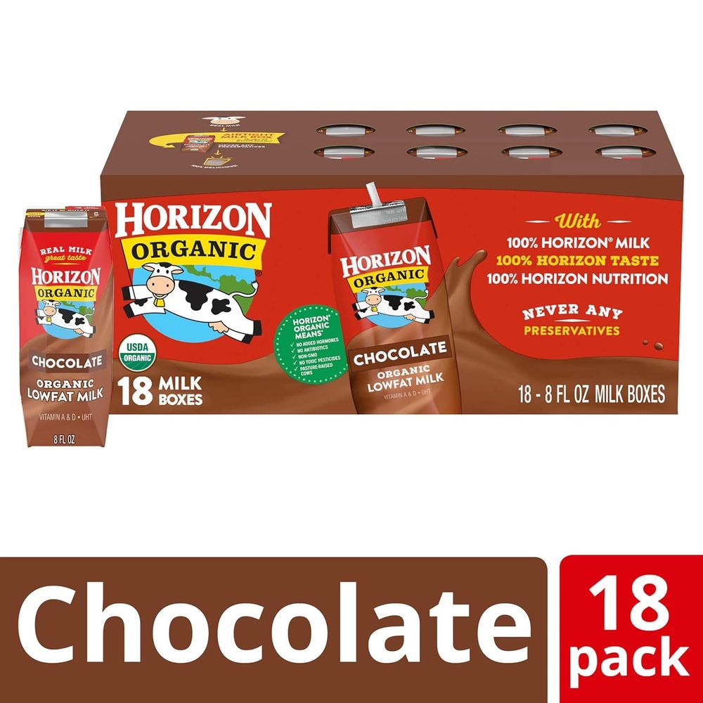 Horizon Organic Shelf Stable 1% Lowfat Chocolate Milk Boxes, 8 fl oz, 18 Count - 8g Protein per Serving, USDA Organic UHT from Pasture-Raised Cows, Ready to Drink