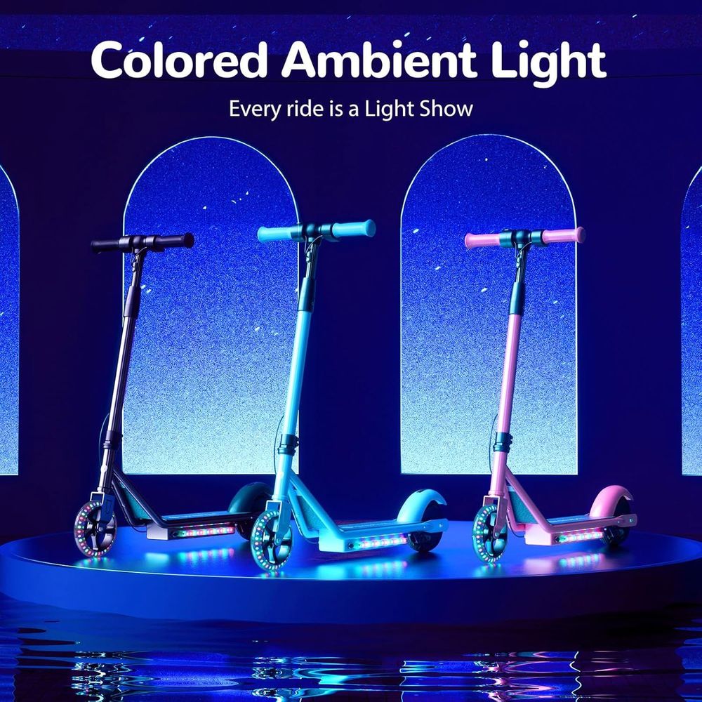 isinwheel Electric Scooter for Kids Ages 6-12, 150W Motor, 6/10 MPH Speeds, Colorful Lights, Adjustable Height, Kids Electric Scooter with Dual Brake & Thumb Throttle