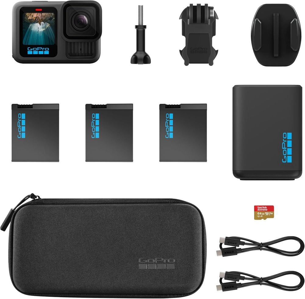 GoPro HERO13 Black Extended Power Bundle - Includes Dual Battery Charger, 3 Enduro Batteries, 64GB SanDisk microSD Card, Camera Case