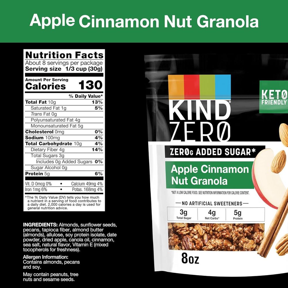 KIND Zero Added Sugar Granola, Apple Cinnamon Nut, Healthy Snacks, Good Source of Fiber, Gluten Free, Low Sugar, 5g Protein, 5 Count