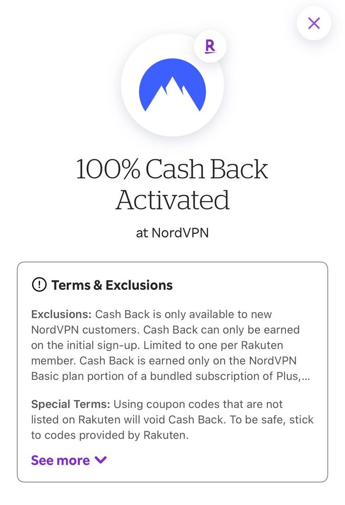 NordVPN 2-Year Plan via Rakuten with 107% Cashback (some reported 100%, 97%) and $50 Bonus Money Maker Deal