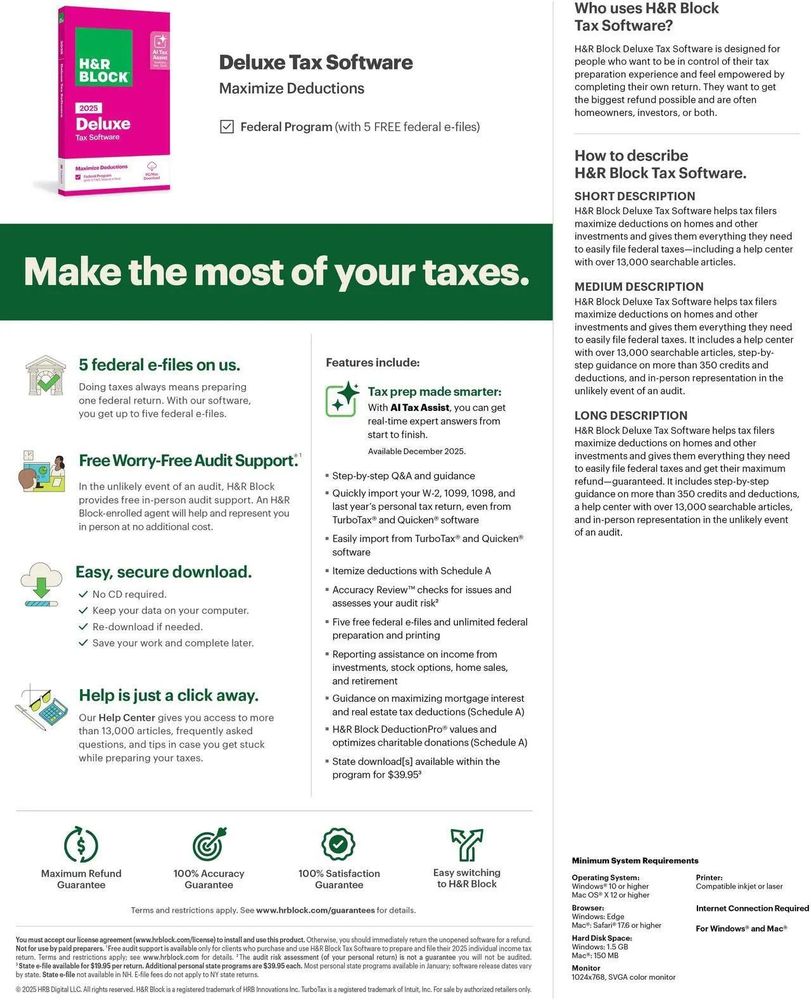 H&R Block 2025 Tax Software Digital Downloads (PC/Mac) from $20.99